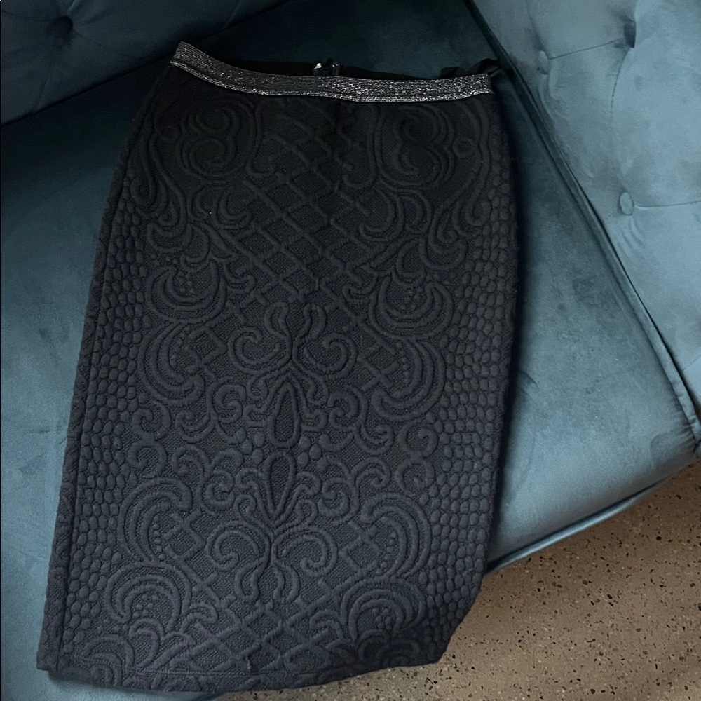 Moulinette Soeurs Black Textured Pencil Skirt with Metallic Trim